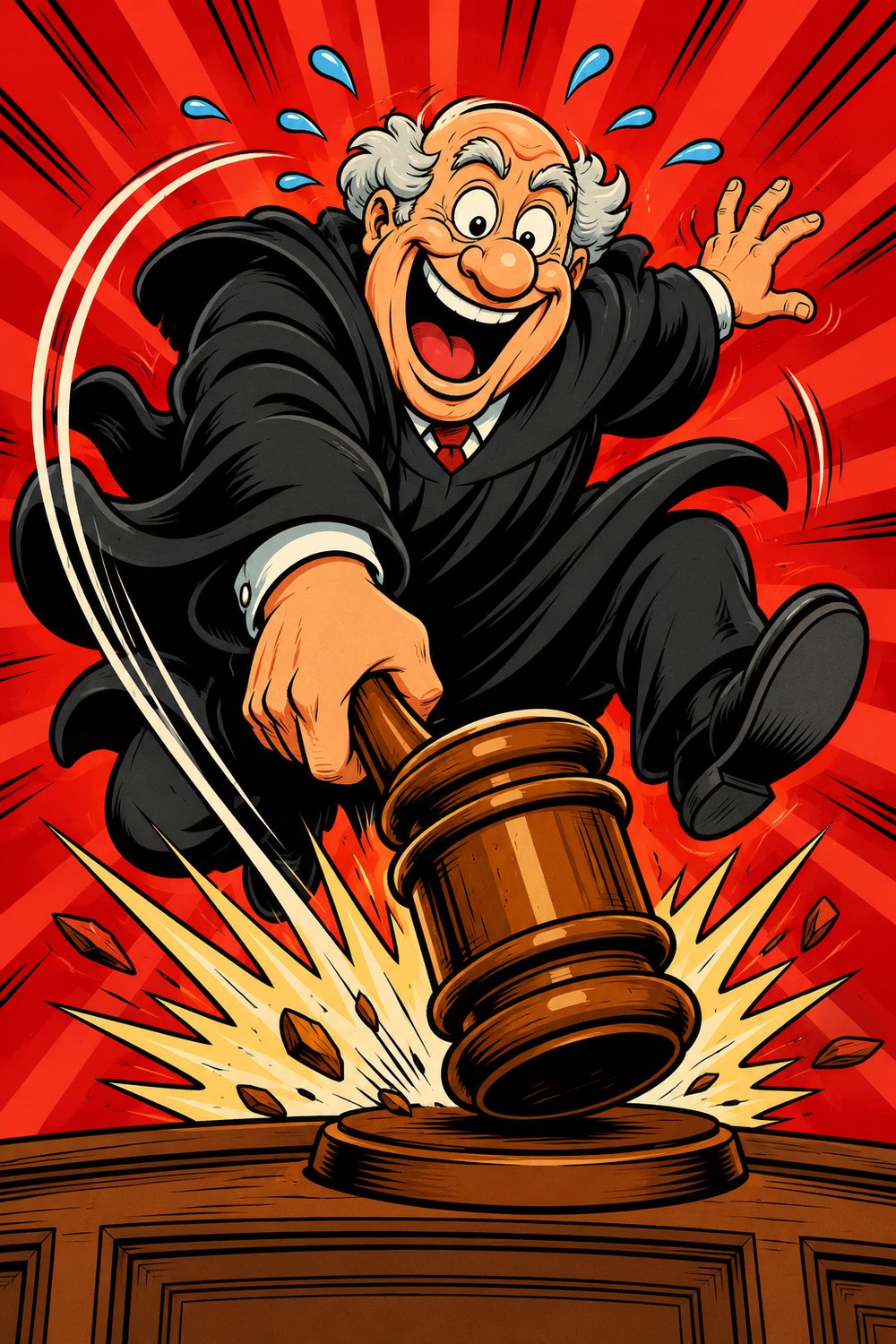 A gleeful cartoon judge slamming a gavel